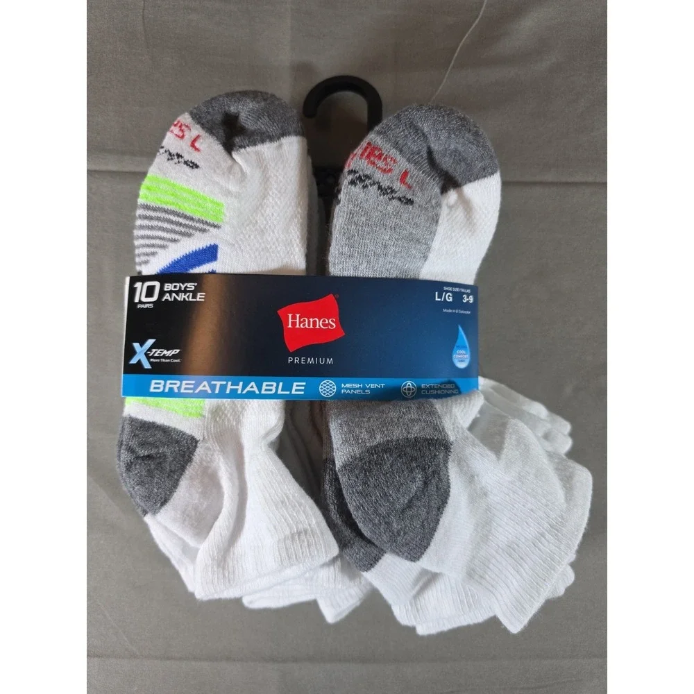 10pk Hanes BOYS Ankle Socks Premium Breathable X-Temp Size L 3-9
